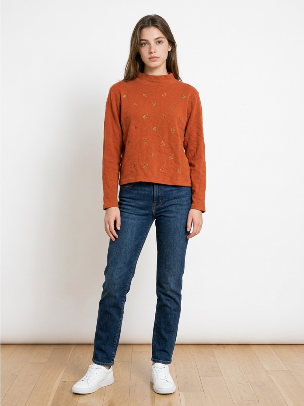 Studio Works Rust Long Sleeve Embroidered Tee